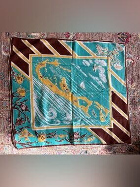 H.S. Hitchcock Signed Vintage Fish Print Scarf in Turquoise and Mustard